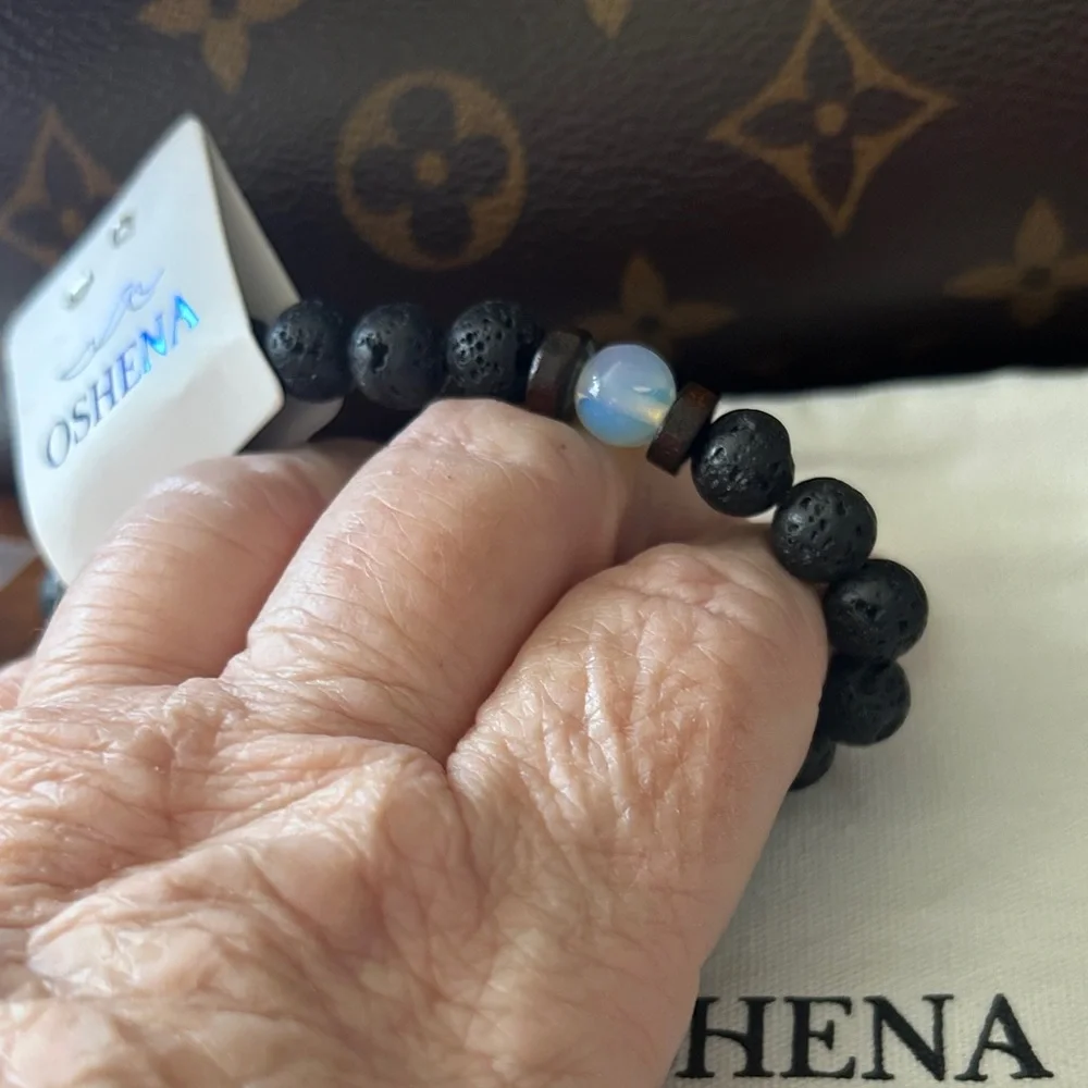 Oshena designer beachwear Black lava Bead Bracelet Opal bead New Release! UNISEX